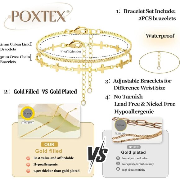 Gold-Style 14 Dainty Stack Cuban Cross, Rope Bracelets Jewelry Gifts for Women - Picture 5 of 8